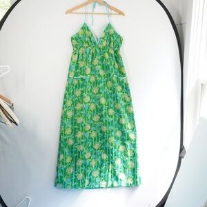 Johnny Martin Retro 60s Style Maxi Dress Floral Print Halter Neck Green Pocket 9